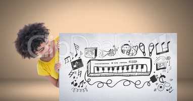 Woman holding card and music graphic drawings