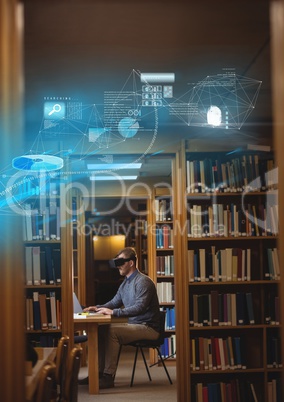 Man in library wearing VR Virtual Reality Headset with Interface