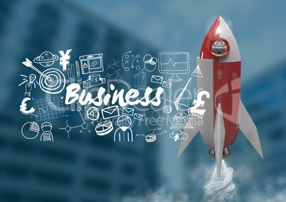 3D Rocket flying and Business text with drawings graphics