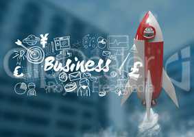 3D Rocket flying and Business text with drawings graphics