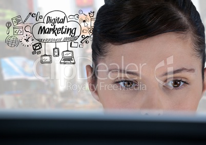 Woman on laptop with Digital Marketing text with drawings graphics