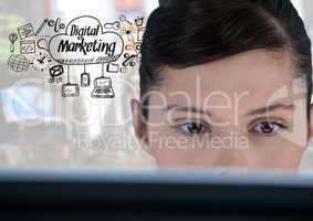 Woman on laptop with Digital Marketing text with drawings graphics