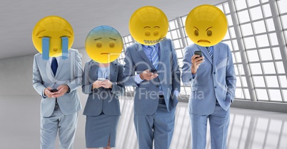 Business workers receiving a bad notice . Emoji heads.