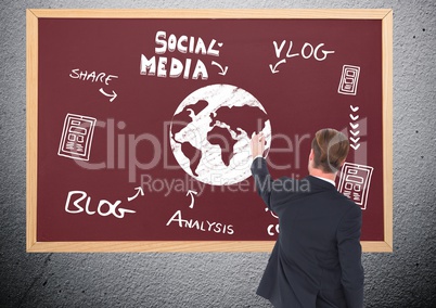 Business man drawing on a blackboard the earth and a social media graphic
