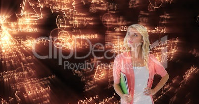 Female student looking at various glowing equations