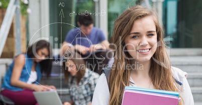 Digitally generated image of female college student by diagram with friends in background