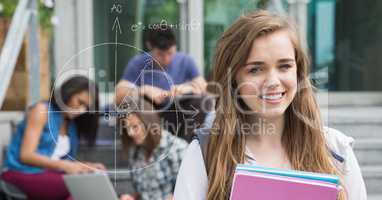 Digitally generated image of female college student by diagram with friends in background