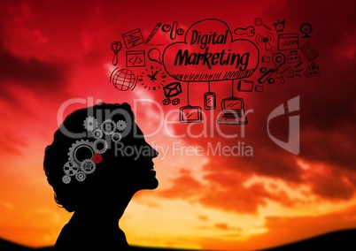 Shadow of woman looking the sky and Digital marketing graphic