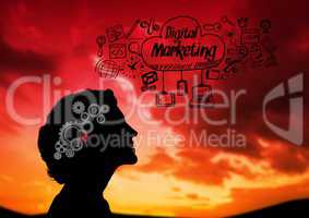 Shadow of woman looking the sky and Digital marketing graphic