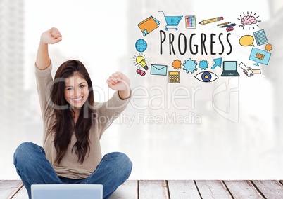 Woman with laptop celebrating success Progress text with drawings graphics