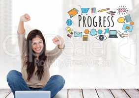 Woman with laptop celebrating success Progress text with drawings graphics