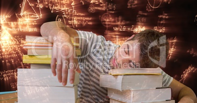 Digital composite image of tired student sleeping on books surrounded with equations