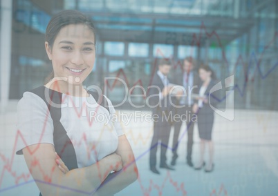 Business woman with arms folded and chart graphic overlay