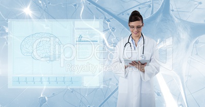 Digital composite image of doctor using tablet PC with screen in foreground
