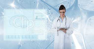Digital composite image of doctor using tablet PC with screen in foreground