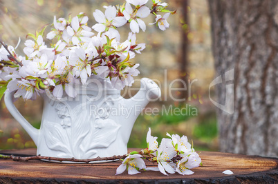 bouquet of flowering almond branches in a white vase on a tree s