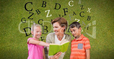 Digital composite image of students with books against letters flying in background