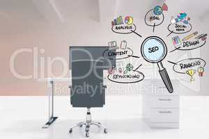 SEO sign in magnifying lens with various text and icons in office