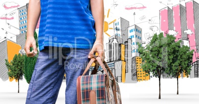 Digital composite image of traveler carrying bag in city