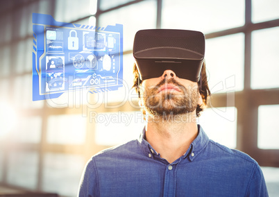 Man wearing VR Virtual Reality Headset with Interface