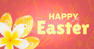 Yellow type and yellow flower and eggs against red easter pattern