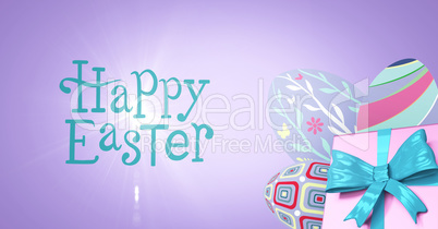 Blue type and pink gift and purple eggs against purple background