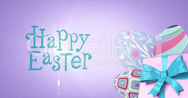 Blue type and pink gift and purple eggs against purple background