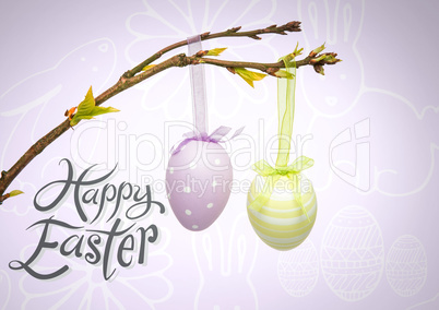 Happy Easter text with Easter eggs hanging on branch in front of pattern