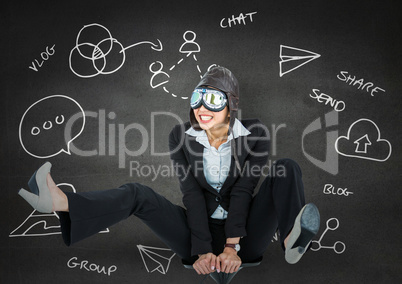 Business woman pilot on chair against grey wall with white business doodles