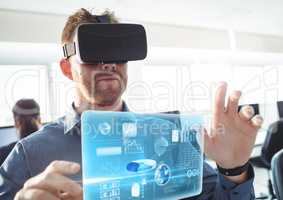 Man wearing VR Virtual Reality Headset with Interface