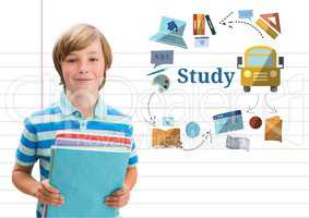 Young boy school with books and Study text with education drawings graphics