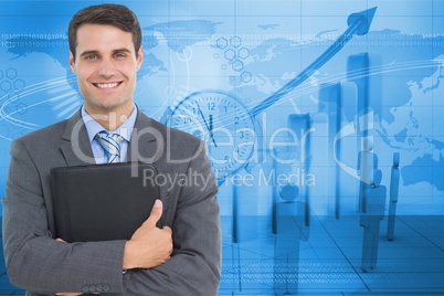 Digitally generated image of businessman standing against graphs and employees in background