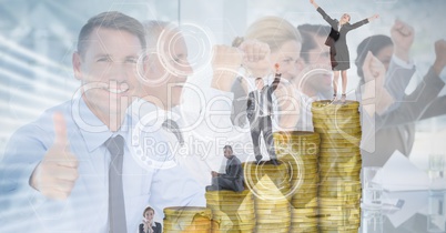 Digitally generated image of business people on coins with employees in background
