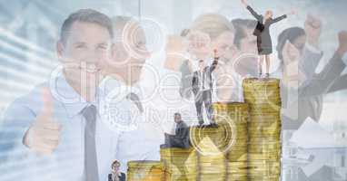 Digitally generated image of business people on coins with employees in background