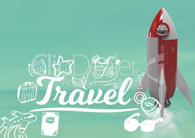 3D Rocket flying and Travel text with drawings graphics