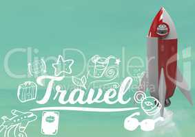 3D Rocket flying and Travel text with drawings graphics