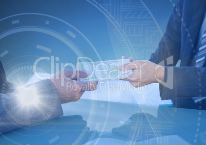 Business people swapping money with blue interface overlay against blue background