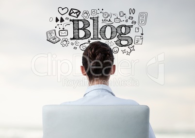 Woman in seat facing backwards and Blog text with drawings graphics