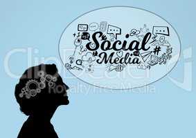 Shadow of woman with 3D cogs on the head and Social media graphic bubble