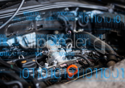 Car engine with blue binary code