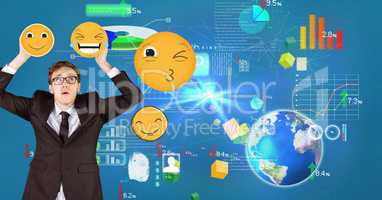 Confused businessman holding emojis with various icons in background
