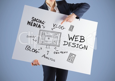 Businesswoman holding card  with social media design graphics drawings