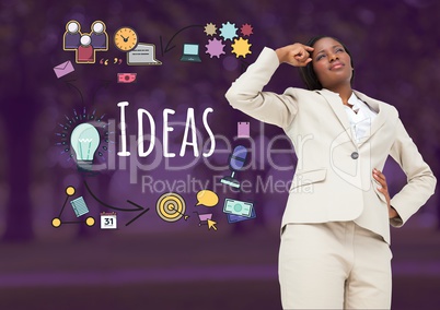 Businesswoman thinking with Ideas text with drawings graphics