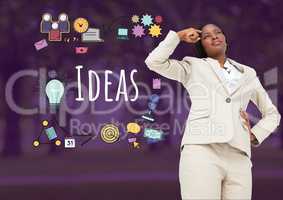 Businesswoman thinking with Ideas text with drawings graphics
