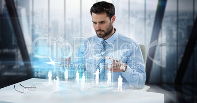 Digitally generated image of businessman examining employees and world map at desk in office