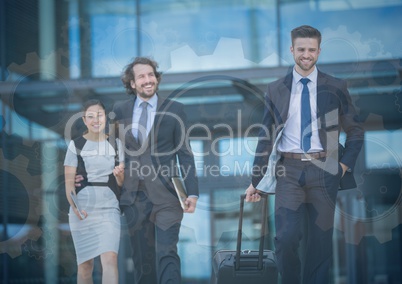 Business people walking with gear graphic overlay