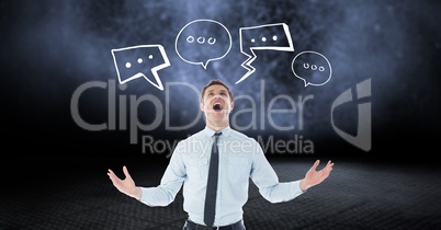 Digitally generated image of businessman shouting with speech bubbles against black background