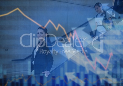 Business people walking down stairs with chart and arrows graphic overlay