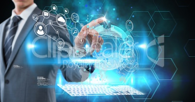 Digital composite image of businessman touching screen