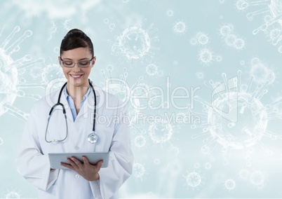 Happy doctor ( women) catching notes with molecule background